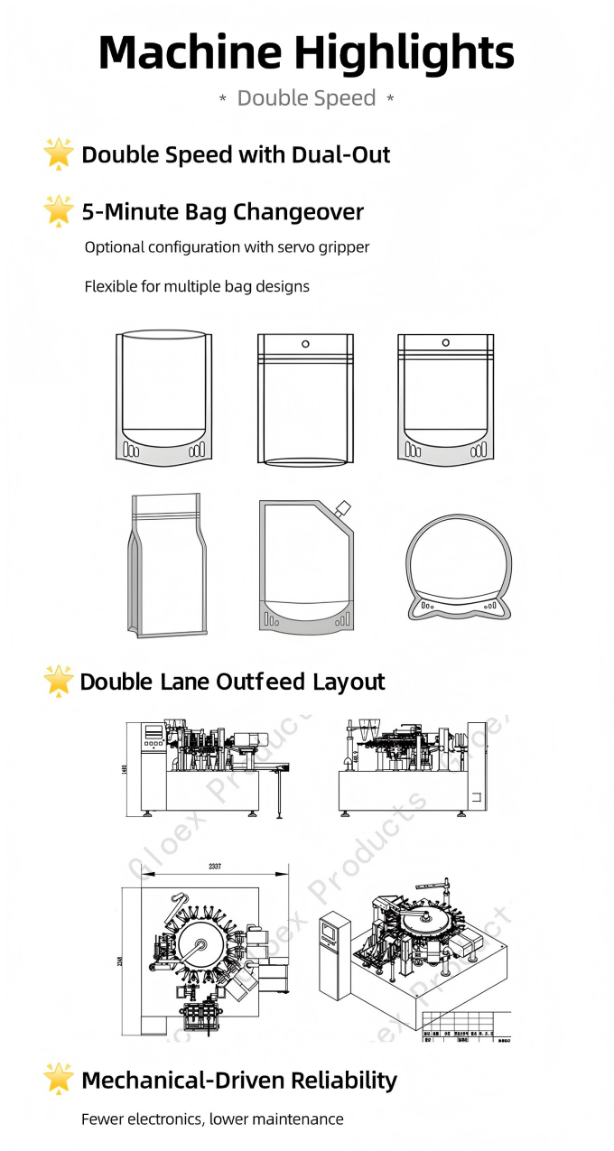 Double Lane Outfeed Rotary Type Mechanical Driven Premade Pouch Packaging Machine